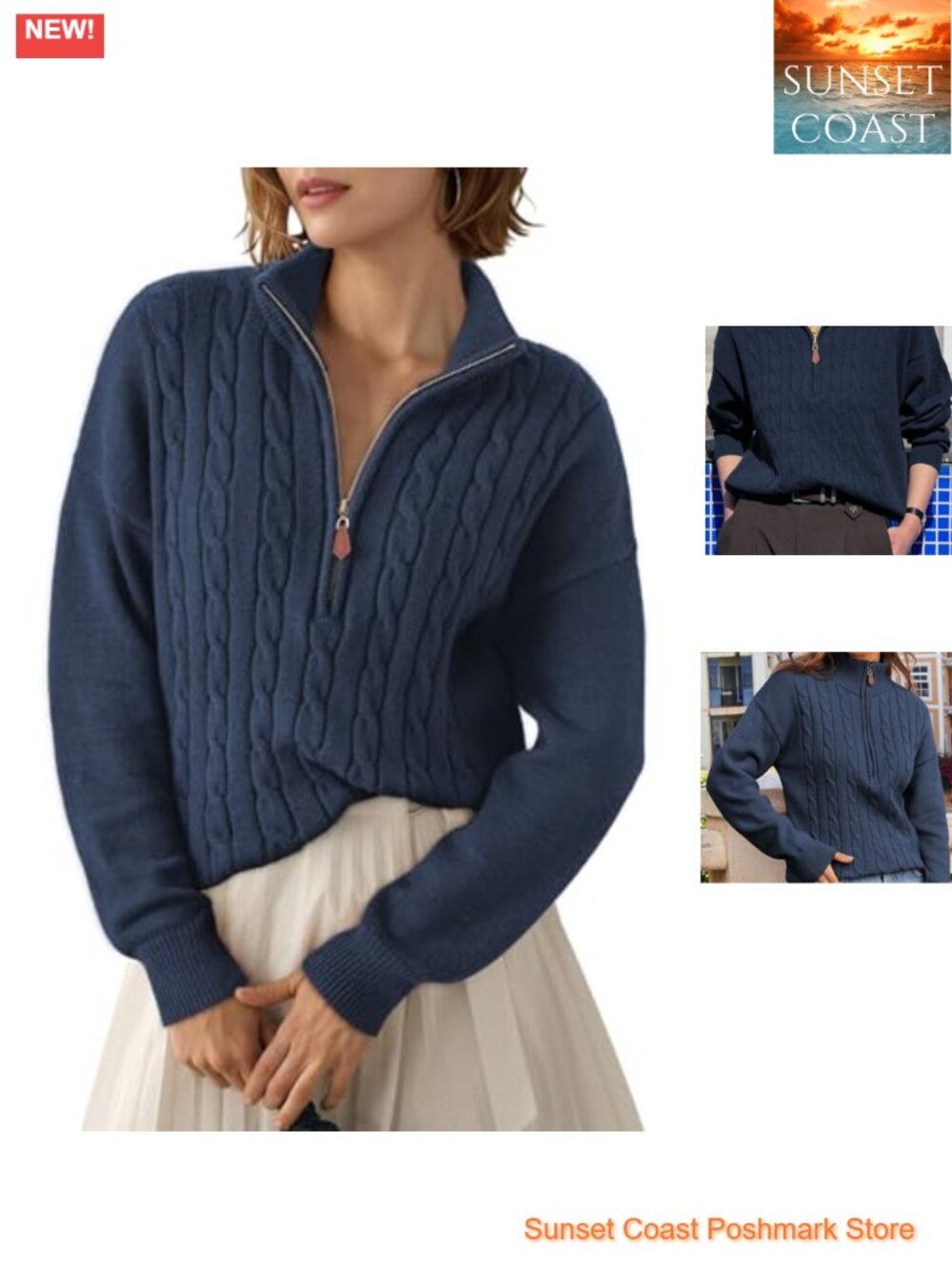 Women's Quarter Zip Ribbed Cable Knit Sweater V-Neck Pullover